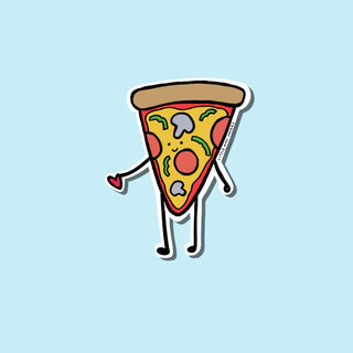 A sticker shaped like a pizza with stick legs and arms holding a heart.