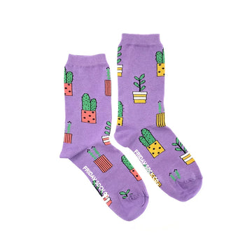 Women's Purple Potted Plant Socks - Purple cotton socks with colorful potted cactus designs and white heel accents.