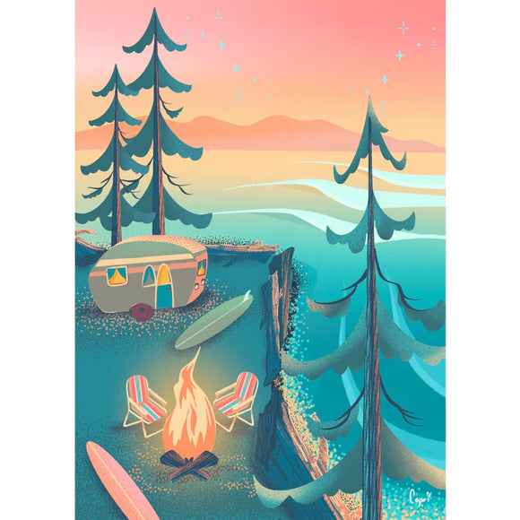 Villager Puzzles | Coastal Camping | 1000-Piece Puzzle for Adults - Colorful 1000-piece puzzle featuring a coastal camping scene with a campfire, trailer, two chairs, trees, and ocean waves.
