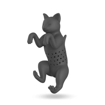 PurrTea Tea Infuser - Black silicone cat-shaped tea infuser with perforated body, unique handmade Canadian gift design.