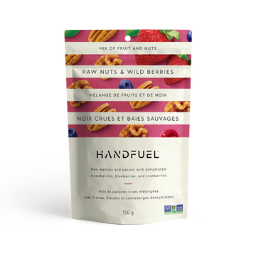 Handfuel Raw Nuts & Wild Berries (150g) - Handfuel Raw Nuts & Wild Berries 150g pouch with colorful, handmade, Canadian gourmet gift packaging.
