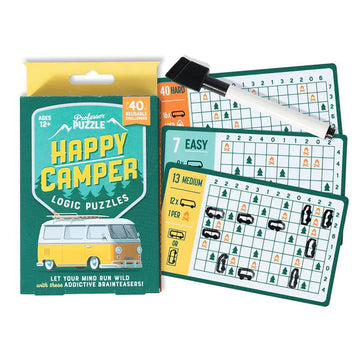 Happy Camper Logic Puzzles - Handmade Canadian Happy Camper logic puzzle game with campervan design, unique gift for kids aged 7-12.