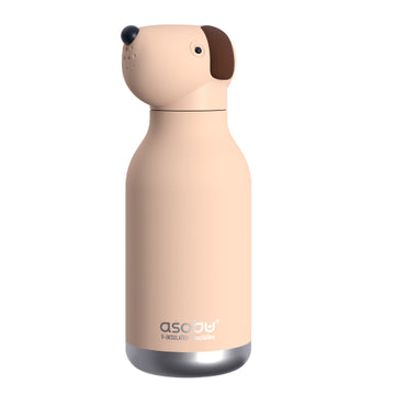 Beige Dog Bestie Bottle | Asobu - Beige matte stainless steel water bottle shaped like a dog's head with brown ears and black nose, silver base, Asobu logo.