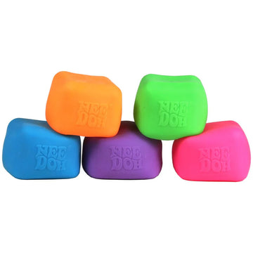 NeeDoh Nice Cube Glow - Brightly colored NeeDoh Nice Cube Glow set in orange, green, blue, purple, and pink, unique handmade Canadian stress toys.