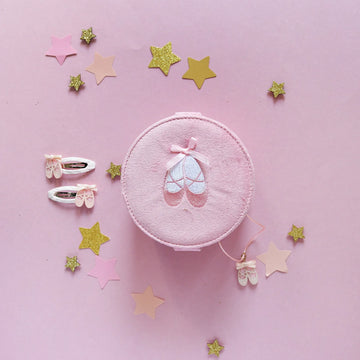 Ballet Shoes Clips - Round pink ballet shoes clip case with matching handmade ballet shoe hair clips and gold star confetti on pink background.