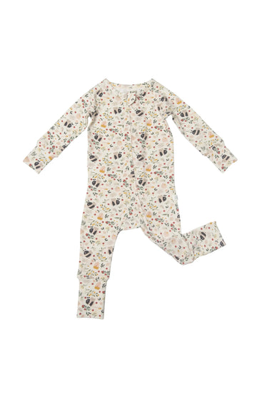 Bumble Bee Sleeper (Loulou Lollipop) - Handmade Canadian baby sleeper with long sleeves in soft cream, featuring colorful bumble bee and floral print, unique gift.