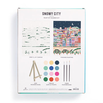 Snowy City 11x14 Paint by Number Kit - Snowy City 11x14 paint by number kit with colorful cityscape, paints, brushes, and wooden easel for a unique handmade.