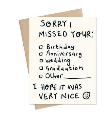 Sorry I Missed... Card - Handmade Canadian greeting card with checkboxes for birthday, anniversary, wedding, graduation, and other occasions, unique.