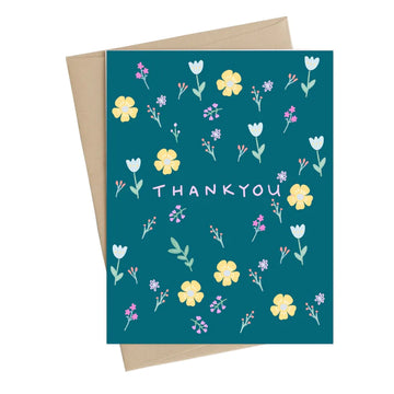 Turquoise Flower Thank You Card - Turquoise thank you card with yellow and white flowers, unique handmade Canadian gift design.