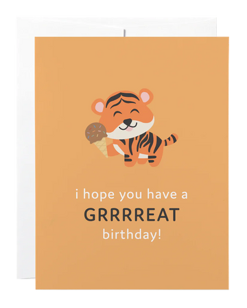 Tiger Birthday Card - Handmade Canadian birthday card with a cute tiger holding an ice cream cone on orange background, unique gift design.