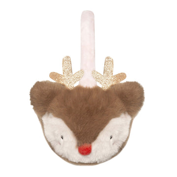 Little Reindeer Earmuffs - Handmade Canadian little reindeer earmuffs with soft brown and white fur, red nose, and glittery gold antlers, unique gift.