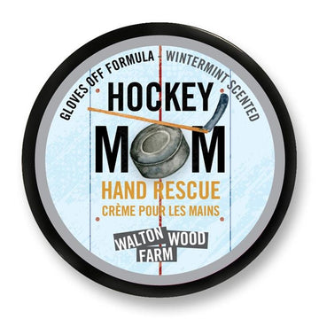 Hockey Mom Hand Rescue (4oz) - Round tin of Hockey Mom Hand Rescue cream with wintermint scent by Walton Wood Farm, handmade Canadian gift.
