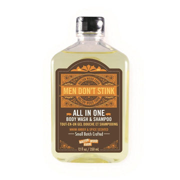 Men Don't Stink - All in One - Men Don't Stink all-in-one body wash and shampoo in clear bottle with vintage brown and orange label, unique Canadian.