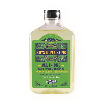 Boys Don't Stink - All in One - Boys Don’t Stink All in One body wash and shampoo in clear bottle with green label, handmade Canadian gift.