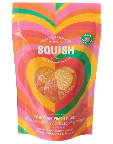 Vegan Sour Peach Hearts (Squish) - Colorful package of handmade Canadian vegan sour peach heart candies, unique gourmet gift.