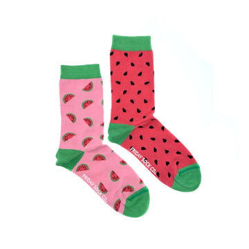 Women's Inside Out Watermelon Socks - Pair of unique handmade Canadian watermelon-themed socks in pink and red with green accents, perfect gift.