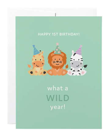 Wild Year Card - Handmade Canadian birthday card with cute lion, giraffe, and zebra in party hats, unique gift design.
