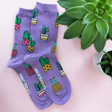 Women's Purple Potted Plant Socks - Purple ankle socks with colorful potted plant patterns in green, yellow, and red accents.