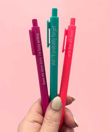 Excessive Note Taker Pens - Set of three colorful pens with unique handwritten phrases, handmade Canadian gift accessory.