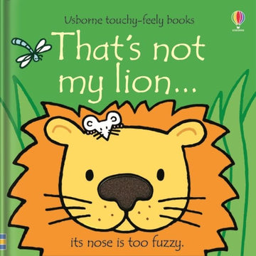 That's Not My Lion... - Handmade Canadian children's book That's Not My Lion with bright green cover and tactile lion illustration, unique gift.