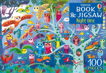 Usborne Book and Jigsaw: Night Time - Colorful 100-piece jigsaw puzzle featuring whimsical owls in a vibrant nighttime forest, unique Canadian gift.
