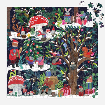 Yuletide Forest 500pcs Puzzle - Colorful 500-piece jigsaw puzzle featuring a whimsical forest scene with red and white mushrooms, decorated evergreen trees,