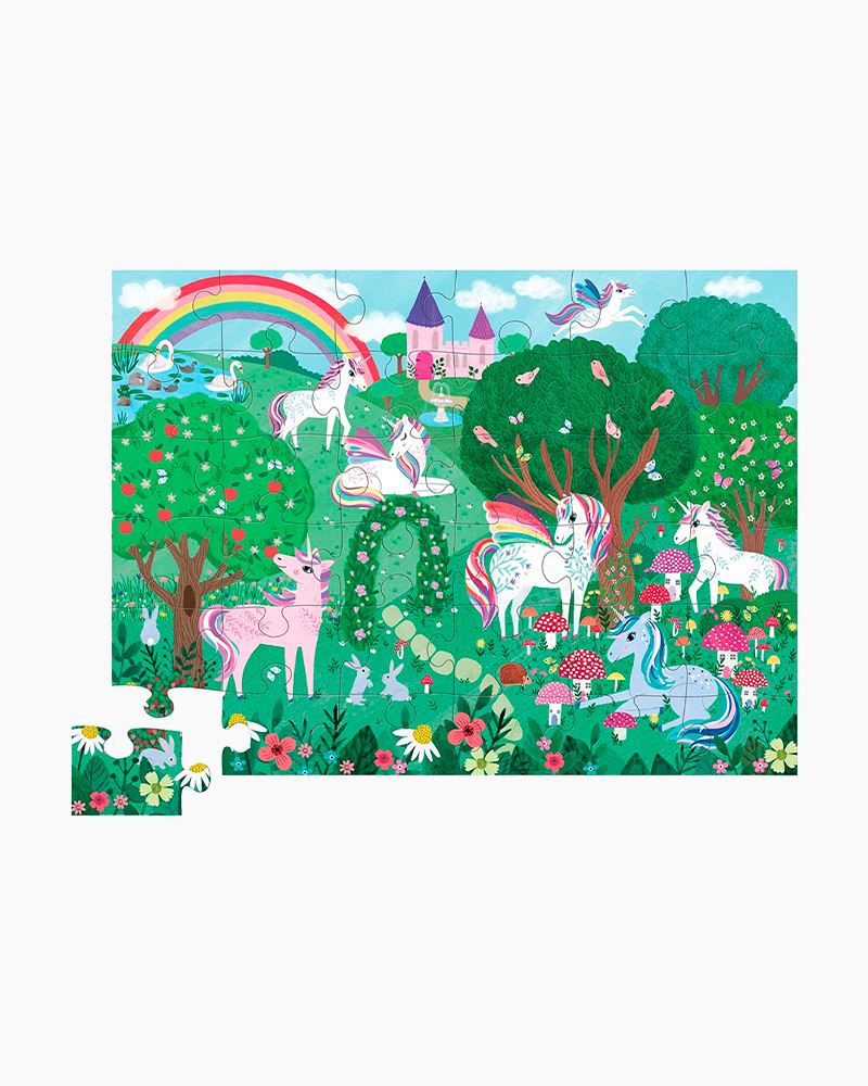 6 unicorns are in a forest. In the back there's a rainbow and a castle and one pegasus flying over some trees
