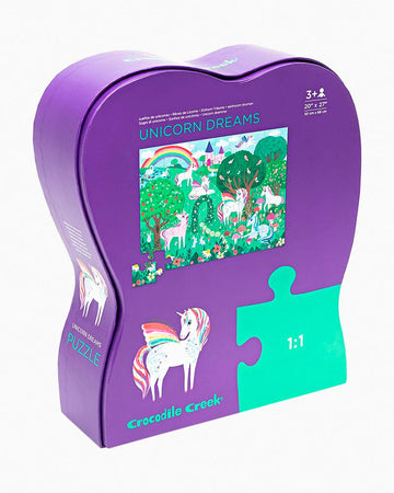 36 PC Puzzle: Unicorn Garden - Purple heart-shaped puzzle box featuring a colorful unicorn garden design, unique handmade Canadian gift.