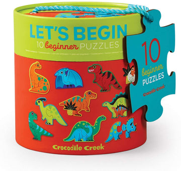 Let's Begin 2-Piece Puzzles: Dinosaurs - Colorful cylindrical box featuring 10 handmade 2-piece dinosaur puzzles, unique Canadian gift.