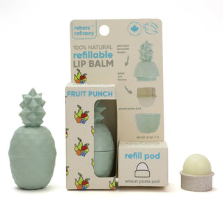 2 pack refillable lip balm pack with a pineapple shaped lip balm to the left and a refill pod on the right 