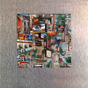 My Toronto Magnet - Handmade unique Canadian Toronto collage magnet featuring city landmarks, perfect gift accessory.