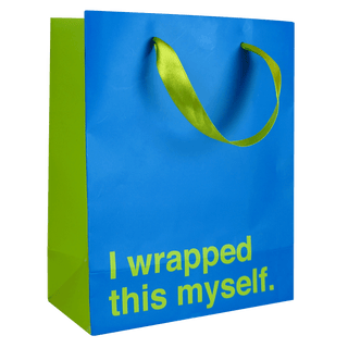 A blue and lime green gift bag with the words 
