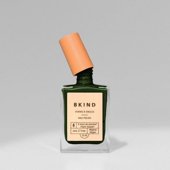 Vegan & 21-free Nail Polish - En Beau Fusil - BKIND vegan 21-free dark green nail polish with peach cap, Canadian handmade gift.