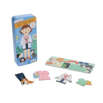 Shine Bright Veterinarian Magnetic Dress Up (Petit Collage) - Handmade Canadian veterinarian magnetic dress-up toy set with colorful clothing pieces, unique gift packaging.