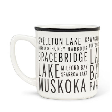 Muskoka Mug - White ceramic Muskoka mug with black rim featuring Canadian lake names in bold typography, unique handmade gift.