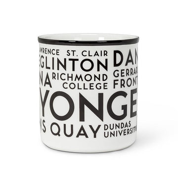 Toronto Streets Mug - White ceramic mug with black rim featuring bold, black Toronto street names, unique handmade Canadian gift.