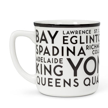 Toronto Streets Mug - White ceramic mug with bold black Toronto street names, black rim, unique Canadian gift.