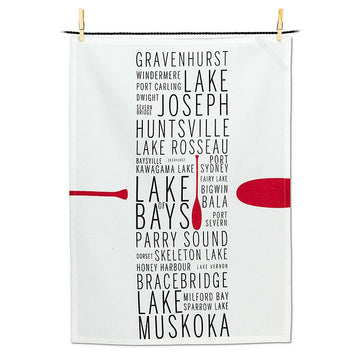 Muskoka Names Tea Towel - White cotton tea towel with black printed Muskoka lake names and a red paddle, handmade Canadian gift.