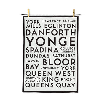 Toronto Street Names Tea Towel - Handmade Canadian tea towel featuring unique Toronto street names in bold black text on white background, ideal gift.