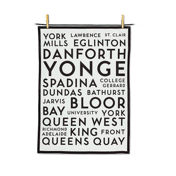 Toronto Street Names Tea Towel - Handmade Canadian tea towel featuring unique Toronto street names in bold black text on white background, ideal gift.