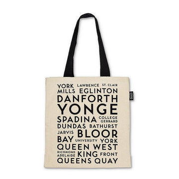 Toronto Names Tote Bag - Cream tote bag with black Toronto street names print and black handles, handmade Canadian gift.