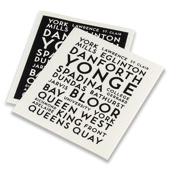 Toronto Streets Dishcloths. Set of 2 - Set of 2 handmade Canadian dishcloths with bold black and white Toronto street names, unique gift idea.