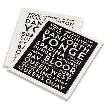 Toronto Streets Dishcloths. Set of 2 - Set of two dishcloths featuring bold white and black typography with Toronto street names printed on cotton fabric.