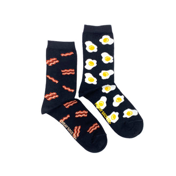 Women’s Socks | Bacon & Eggs | Fun Socks - Pair of handmade Canadian socks with unique bacon and egg patterns, perfect gift accessory.