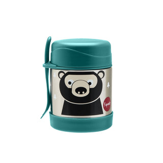 A stainless steel thermos with a blue lid and base and a black bear on the front. On the side there's a spork attached via a built in clip