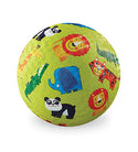 A lighter green ball with a blue elephant, panda, lion, tiger, giraffe and crocodile 