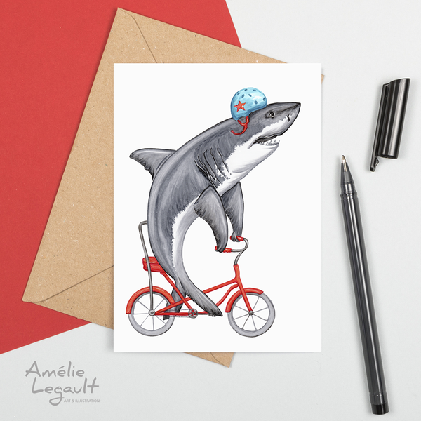 Shark card, greeting card, bicycle Card, shark birthday card