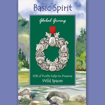 Animal Wreath Wild Spaces Global Giving Ornament - Handmade Canadian Christmas ornament wreath with animals, unique gift supporting wild spaces.