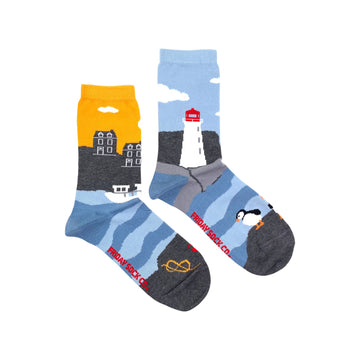 Women's Socks | Canadian Landscape | East Coast | Mismatched - Mismatched handmade Canadian socks with East Coast lighthouse and house designs, gift-ready.