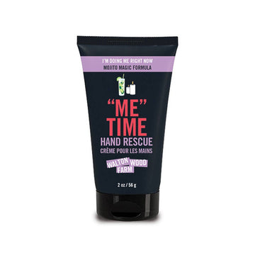 "Me" Time Hand Rescue - 2oz Tube - 2oz black tube of handmade Canadian "Me" Time Hand Rescue cream with purple label, unique gift design.